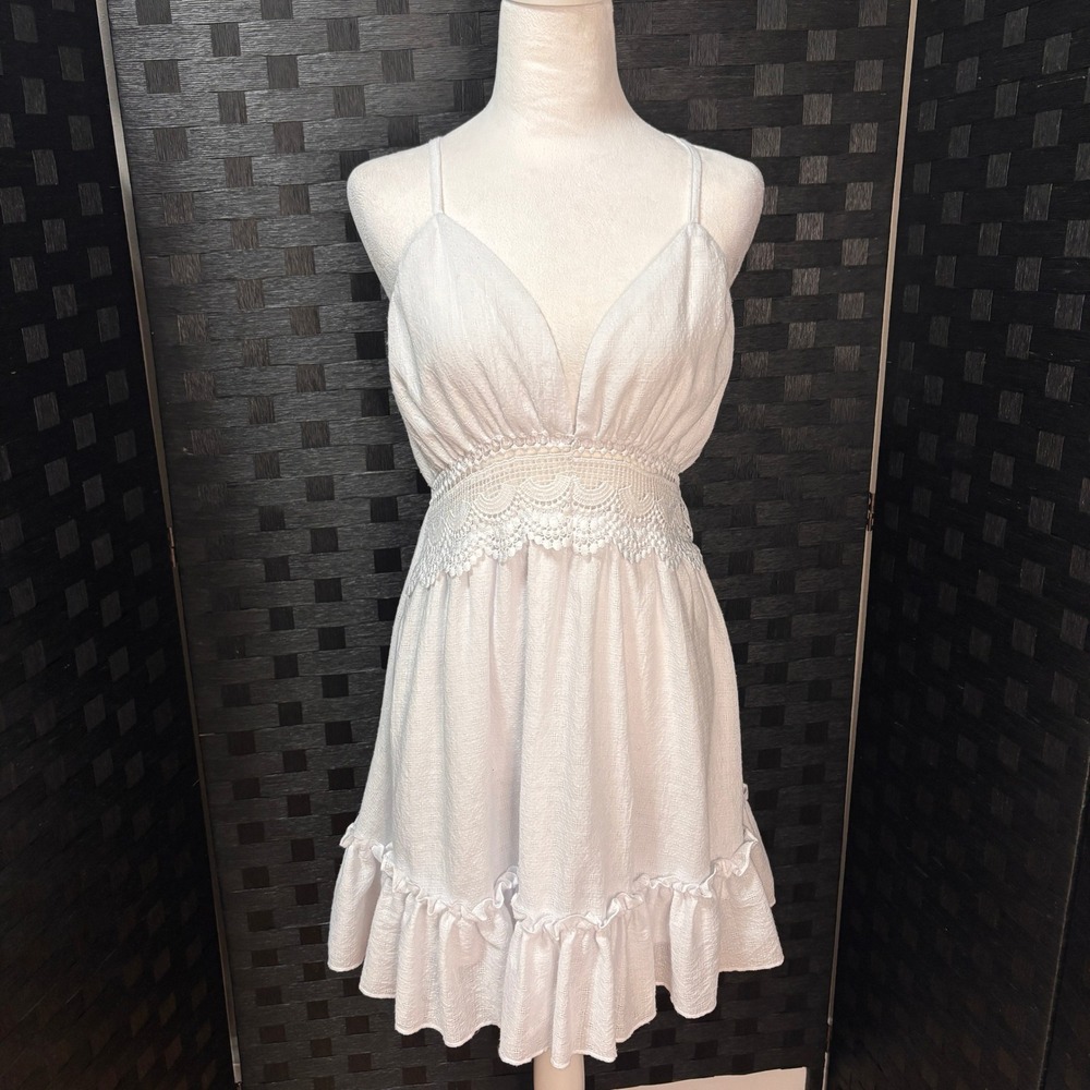 Crochet‎ Lace Mini Dress Womens M White Boho Bride Grad Beach Summer Sundress